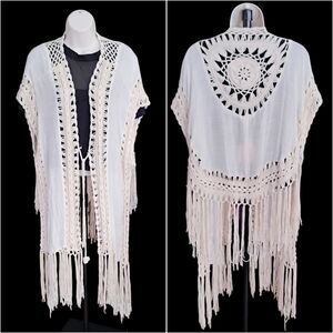 Kori America Bohemian Crochet M/L Long Hippie Overshirt Cardigan Fringe Trim